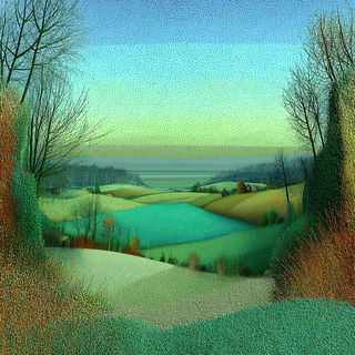 Masktopiary style, Midjourney V7: realistic landscape photograph of quiet dawn