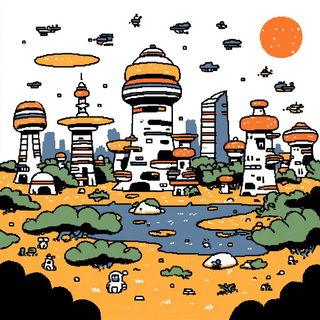 Cinderstitch style, Midjourney V7: megacity with futuristic bioarchitecture