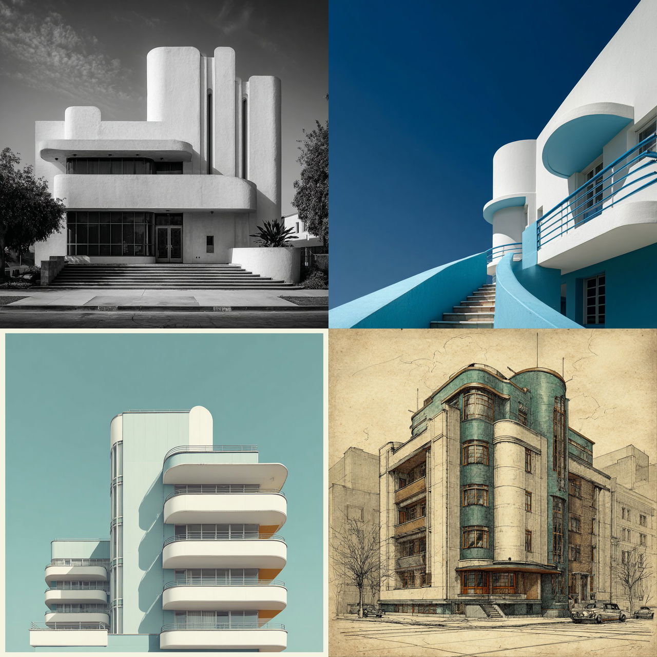 Art Moderne architecture style, Midjourney V7, render 1 of 4