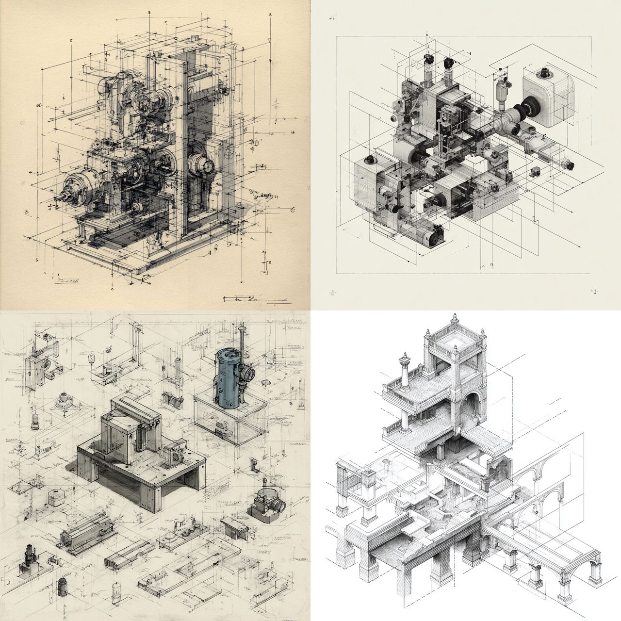 Assembly drawing style, Midjourney V7, render 1 of 4