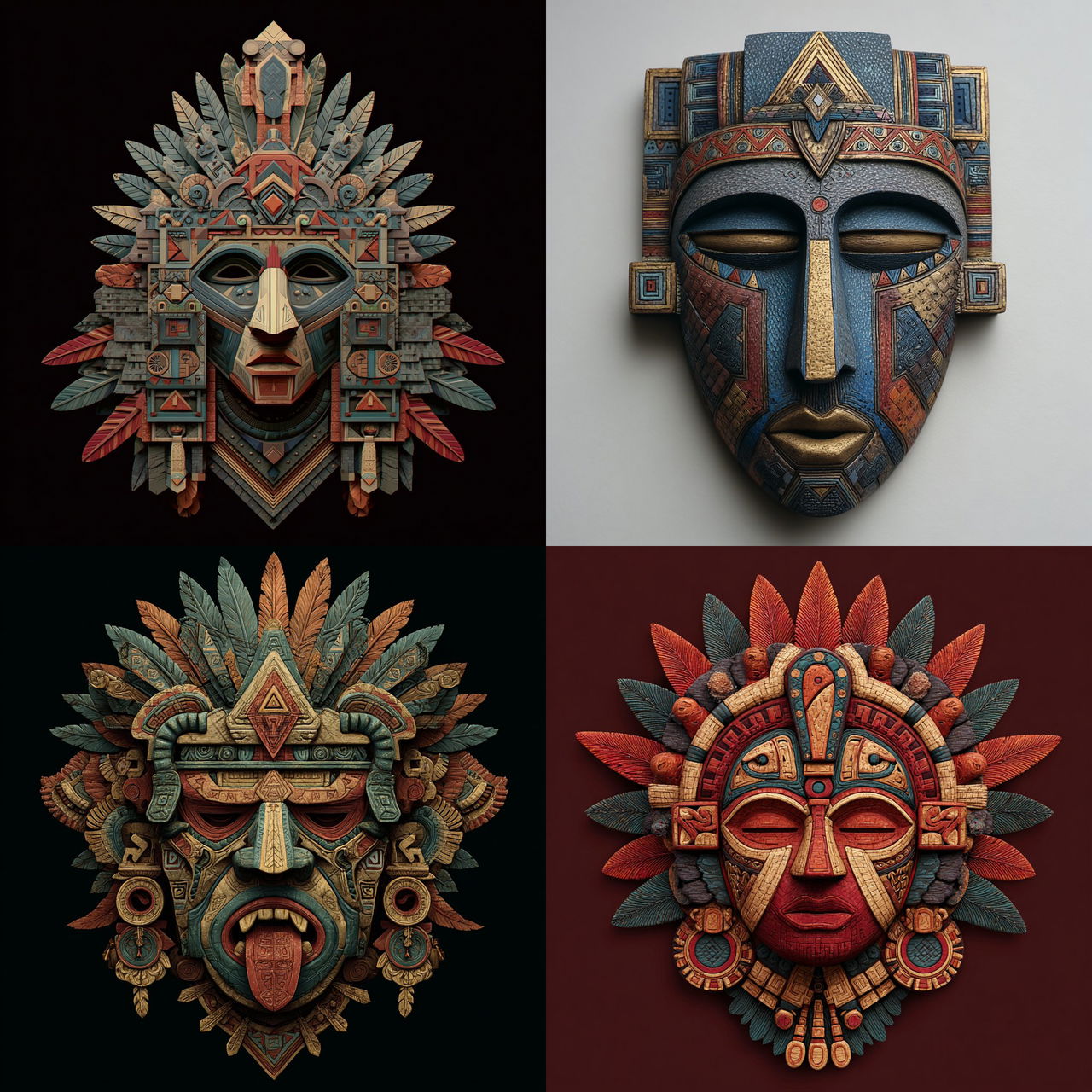 Aztec mask style, Midjourney V7, render 1 of 4