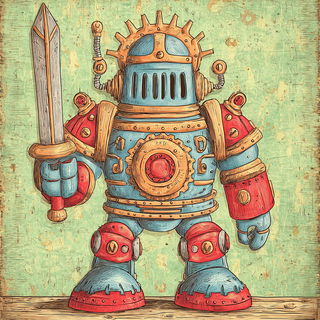 Balloon Orchard style, Midjourney V7: concept art character design of retropunk steam knight