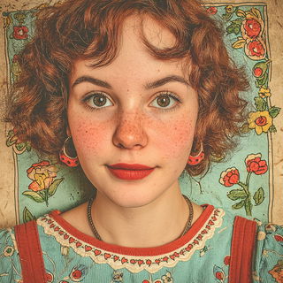Balloon Orchard style, Midjourney V7: photographic portrait of female protagonist