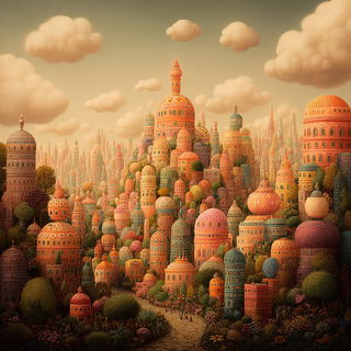 Gorgon Gavotte style, Midjourney V7: megacity with futuristic bioarchitecture