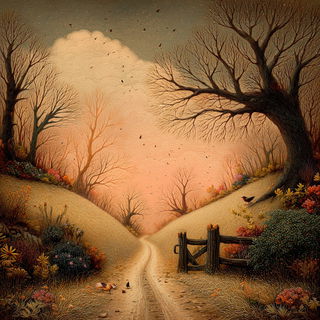 Gorgon Gavotte style, Midjourney V7: realistic landscape photograph of quiet dawn