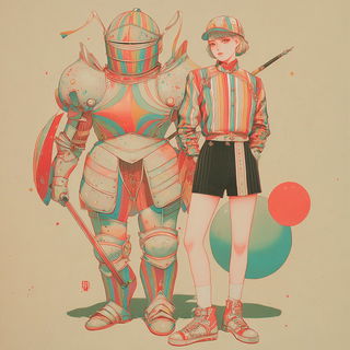 Petalwire Ukiyochrome style, Midjourney V7: concept art character design of retropunk steam knight