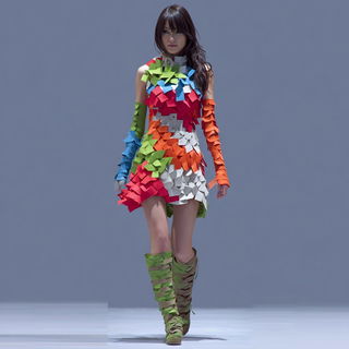 Lacquered Facet Terraces style, Midjourney V7: haute-couture fashion outfit