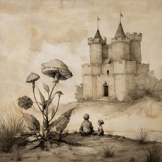 Gilded Sepia Verticals style, Midjourney V7: retro fairy-tale illustration