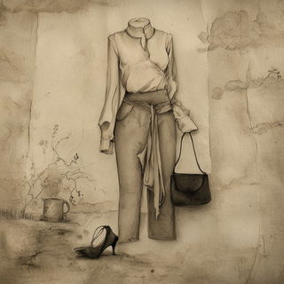 Gilded Sepia Verticals style, Midjourney V7: haute-couture fashion outfit