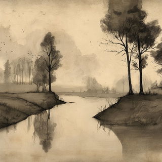 Gilded Sepia Verticals style, Midjourney V7: realistic landscape photograph of quiet dawn