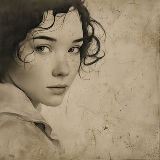 Gilded Sepia Verticals style, Midjourney V7: photographic portrait of female protagonist