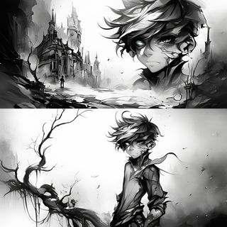 Spineborne style, Midjourney V7: black-and-white manga comic strip