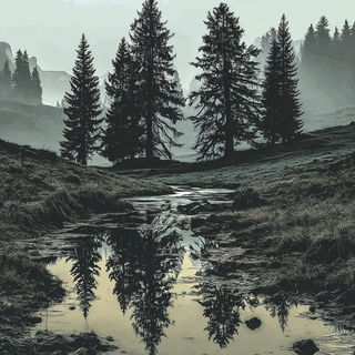 Gothicrosia style, Midjourney V7: realistic landscape photograph of quiet dawn