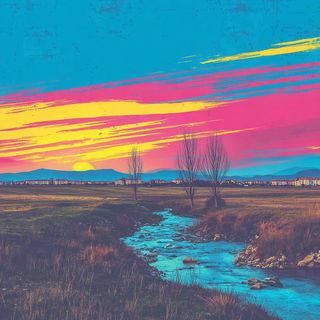 Mechanochromia style, Midjourney V7: realistic landscape photograph of quiet dawn