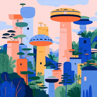 Flatface Billboard Folk style, Midjourney V7: megacity with futuristic bioarchitecture