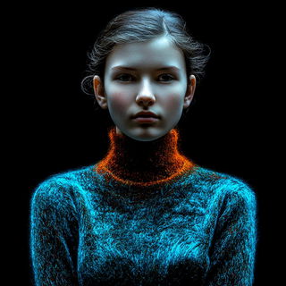 Biolumifur style, Midjourney V7: photographic portrait of female protagonist