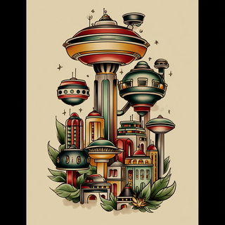 Tattooeglyphic style, Midjourney V7: megacity with futuristic bioarchitecture