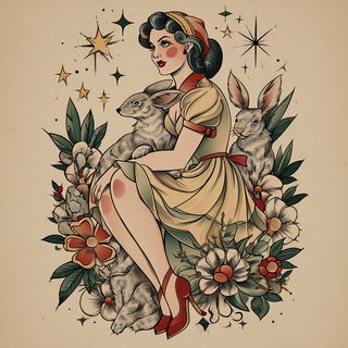 Tattooeglyphic style, Midjourney V7: retro fairy-tale illustration