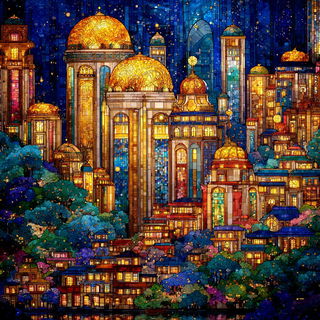 Operatic Mosaic style, Midjourney V7: megacity with futuristic bioarchitecture