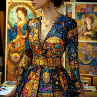 Operatic Mosaic style, Midjourney V7: haute-couture fashion outfit