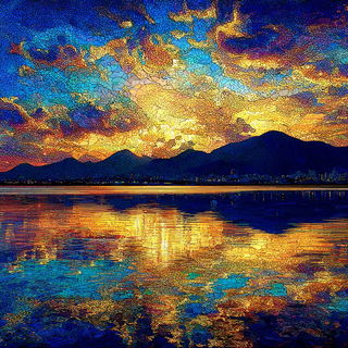Operatic Mosaic style, Midjourney V7: realistic landscape photograph of quiet dawn