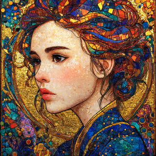 Operatic Mosaic style, Midjourney V7: photographic portrait of female protagonist