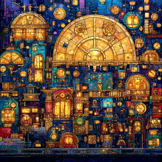 Operatic Mosaic style, Midjourney V7: technical infrastructure blueprint schematics
