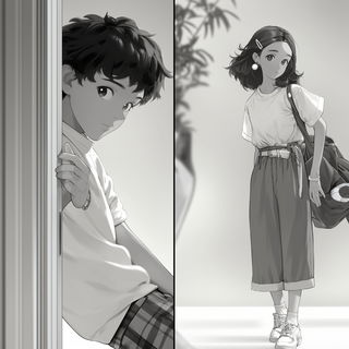 Grainshadow style, Midjourney V7: black-and-white manga comic strip