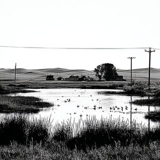 Grainshadow style, Midjourney V7: realistic landscape photograph of quiet dawn