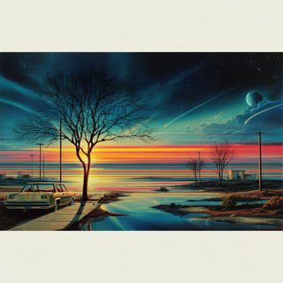Cosmostained style, Midjourney V7: realistic landscape photograph of quiet dawn