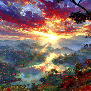 Flickerclay Highlands style, Midjourney V7: realistic landscape photograph of quiet dawn