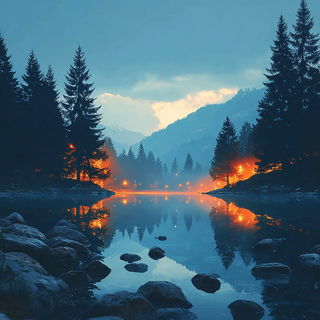 Starwake Travelers style, Midjourney V7: realistic landscape photograph of quiet dawn