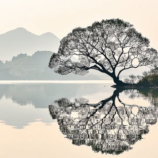 Serpentakusa style, Midjourney V7: realistic landscape photograph of quiet dawn
