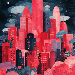 Gouachegrove style, Midjourney V7: megacity with futuristic bioarchitecture