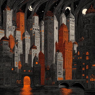 Cinder Gauge Engraving style, Midjourney V7: megacity with futuristic bioarchitecture