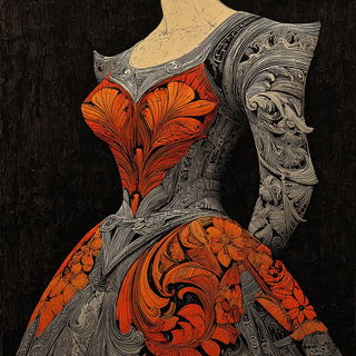 Cinder Gauge Engraving style, Midjourney V7: haute-couture fashion outfit