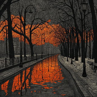 Cinder Gauge Engraving style, Midjourney V7: realistic landscape photograph of quiet dawn