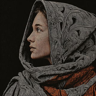 Cinder Gauge Engraving style, Midjourney V7: photographic portrait of female protagonist