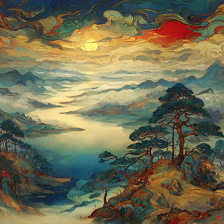 Mythinkage style, Midjourney V7: realistic landscape photograph of quiet dawn