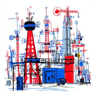 Erosionist Iconography style, Midjourney V7: technical infrastructure blueprint schematics