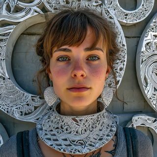 Calcifolia style, Midjourney V7: photographic portrait of female protagonist