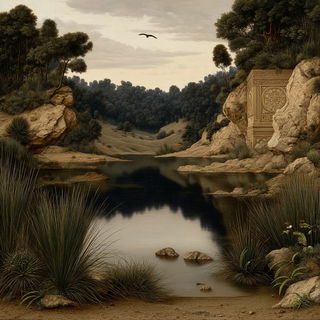 Baroqueweft style, Midjourney V7: realistic landscape photograph of quiet dawn
