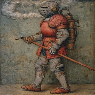 Skullmarch Chalcography style, Midjourney V7: concept art character design of retropunk steam knight