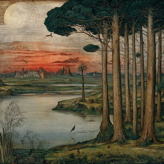 Skullmarch Chalcography style, Midjourney V7: realistic landscape photograph of quiet dawn