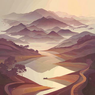 Cliffbloom style, Midjourney V7: realistic landscape photograph of quiet dawn