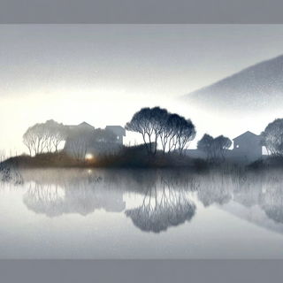 Pale Anatomy of Distance style, Midjourney V7: realistic landscape photograph of quiet dawn