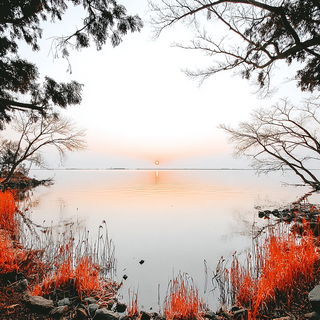Enamelcliff style, Midjourney V7: realistic landscape photograph of quiet dawn