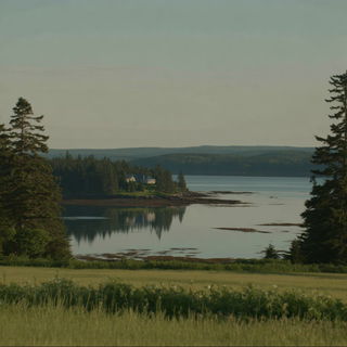 Cascadral style, Midjourney V7: realistic landscape photograph of quiet dawn