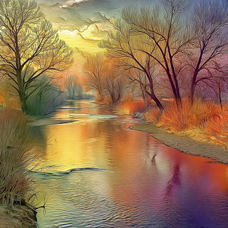 Kaleidocenobium style, Midjourney V7: realistic landscape photograph of quiet dawn