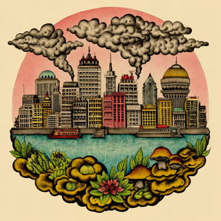 Inkstained Glasswork style, Midjourney V7: megacity with futuristic bioarchitecture